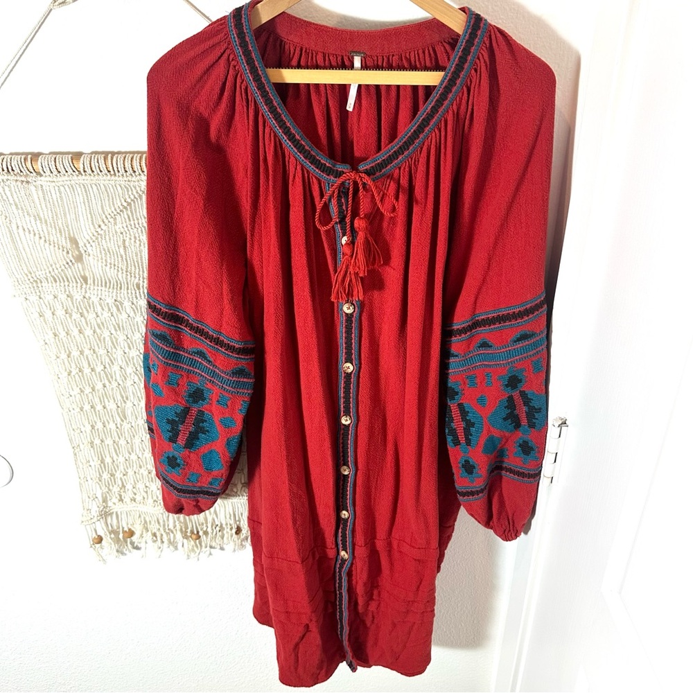 Free People FP In The Clear Bohemian Red Peasant Embroidered Hippie Kaftan Dress